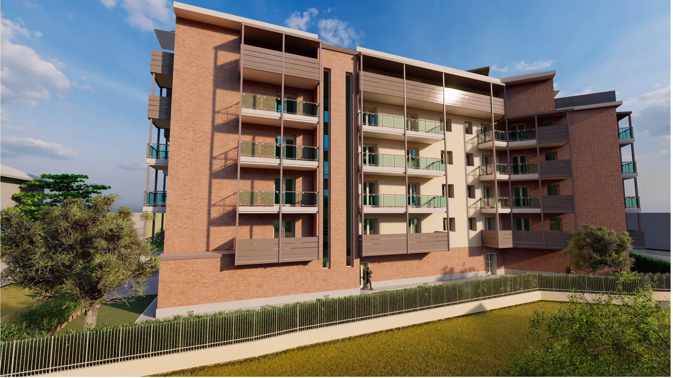 Dettaglio della facciata del Condominio Einaudi 2, con i pilastri in mattoni a vista, i balconi rivestiti in legno e le balaustre in vetro