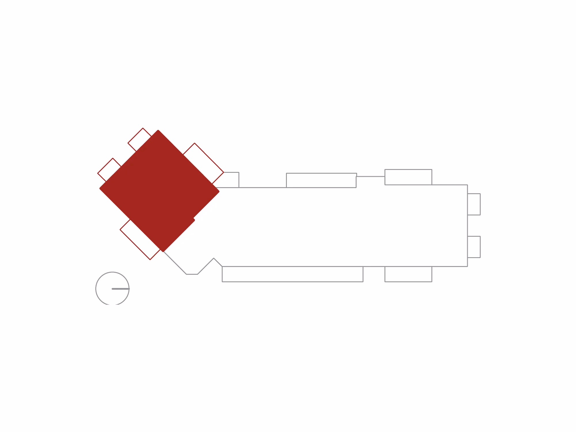 Schema dell'edificio visto dall'alto, con l'alloggio 1 evidenziato in rosso.
