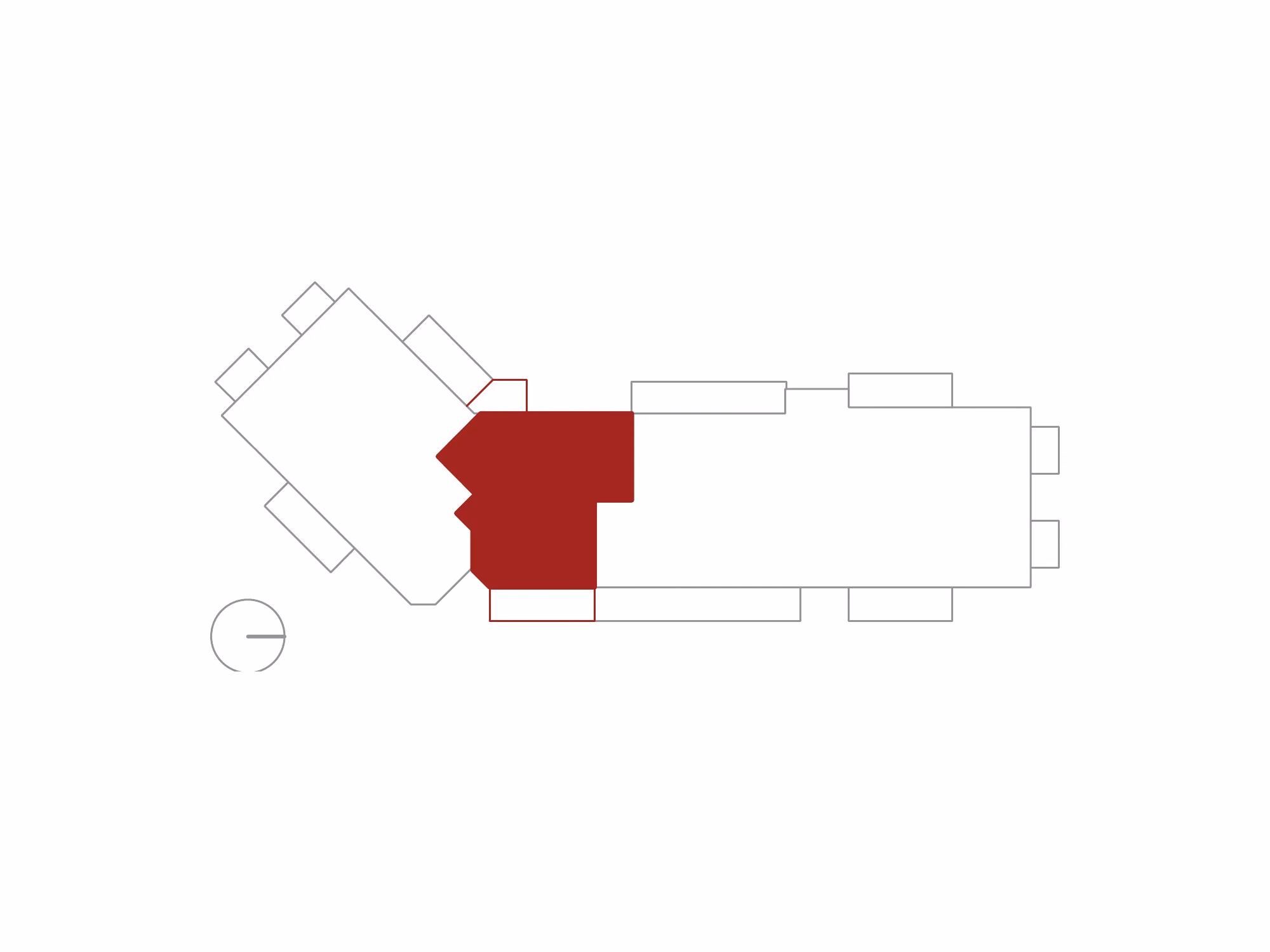 Schema dell'edificio visto dall'alto, con l'alloggio 2 evidenziato in rosso.