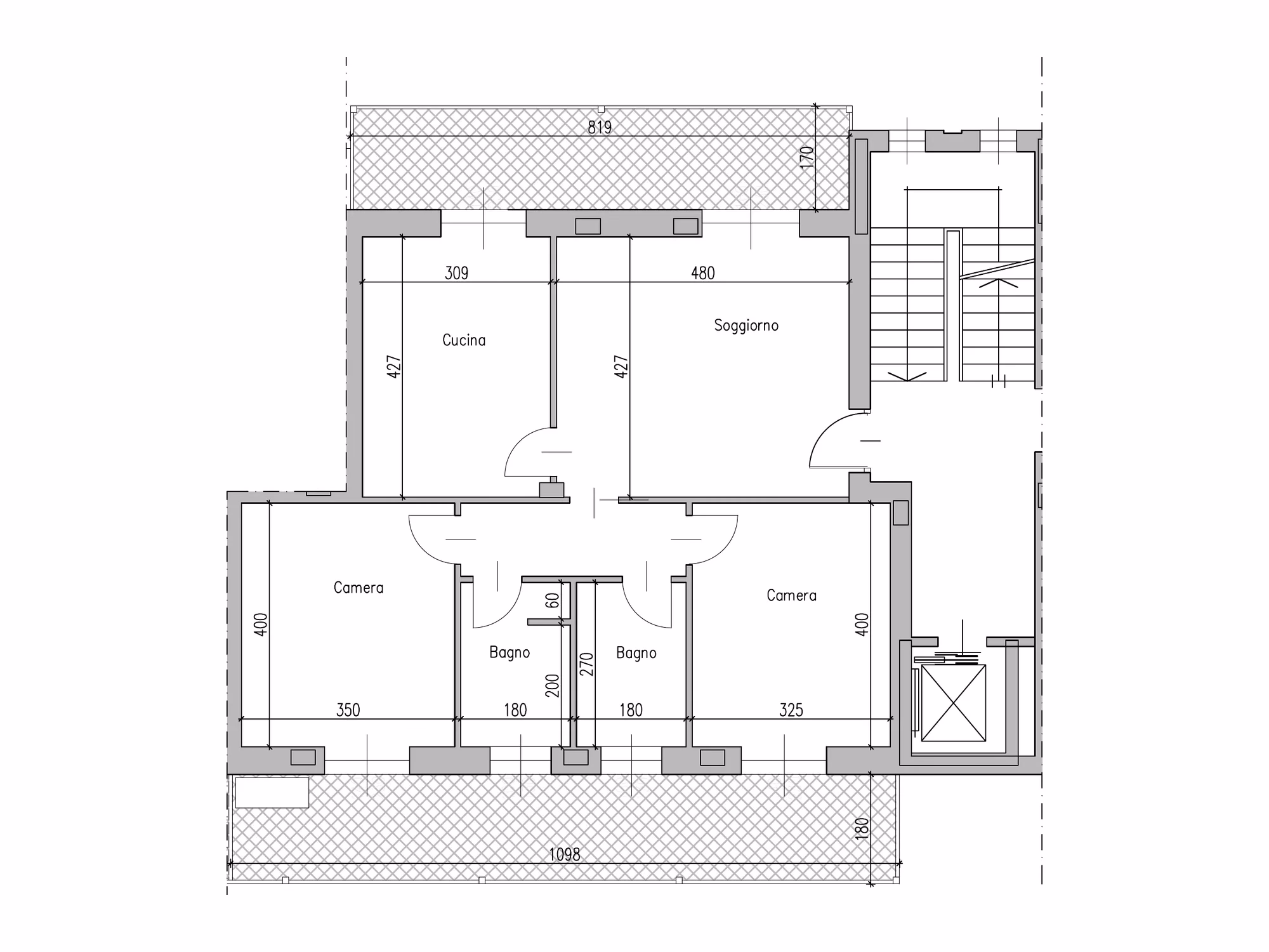 Pianta quotata dell'alloggio 3, in scala 1:100, con le misure delle stanze, rappresentativa degli interni 3, 7, 11 e 15: 4 locali e 108 m² di superficie commerciale.