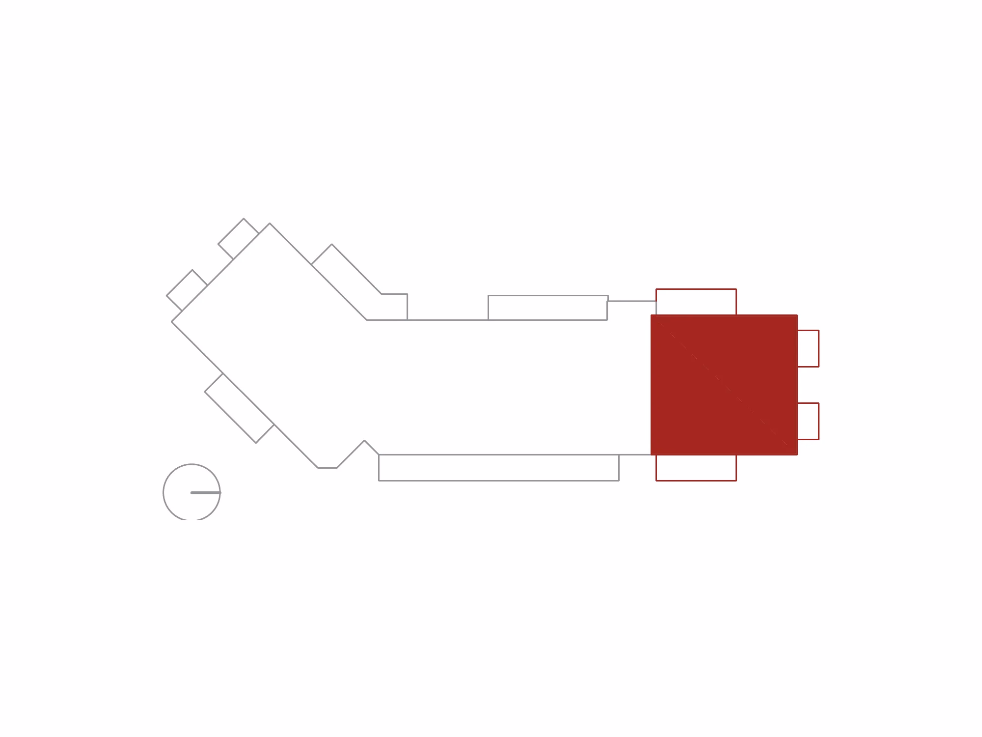 Schema dell'edificio visto dall'alto, con l'alloggio 4 evidenziato in rosso.