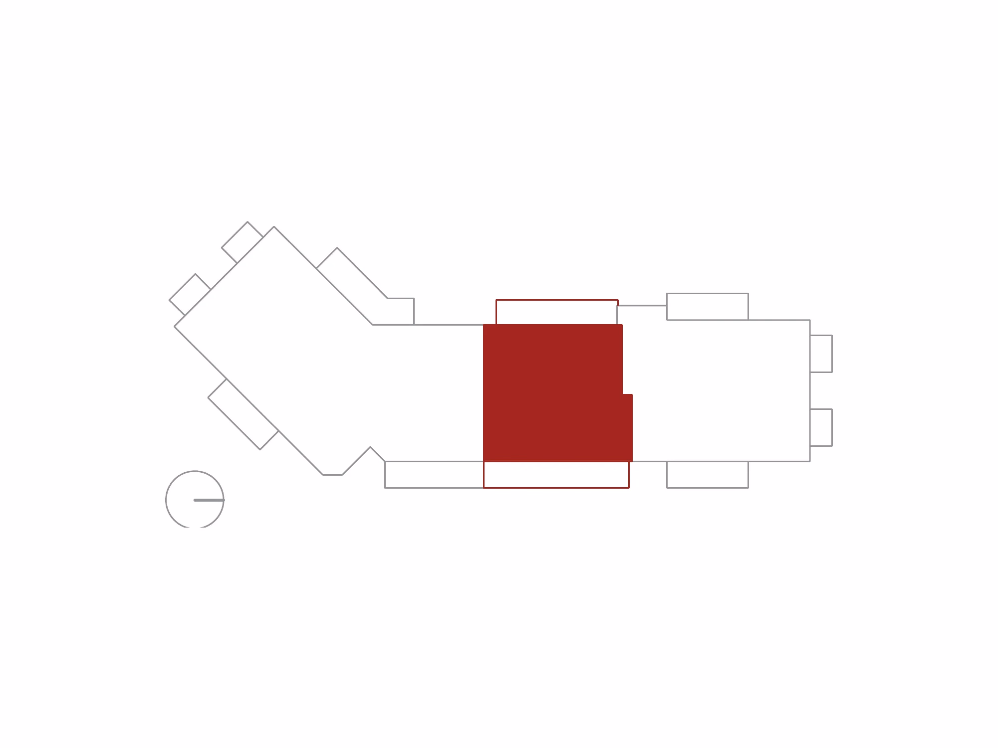 Schema dell'edificio visto dall'alto, con l'attico interno 18 evidenziato in rosso.