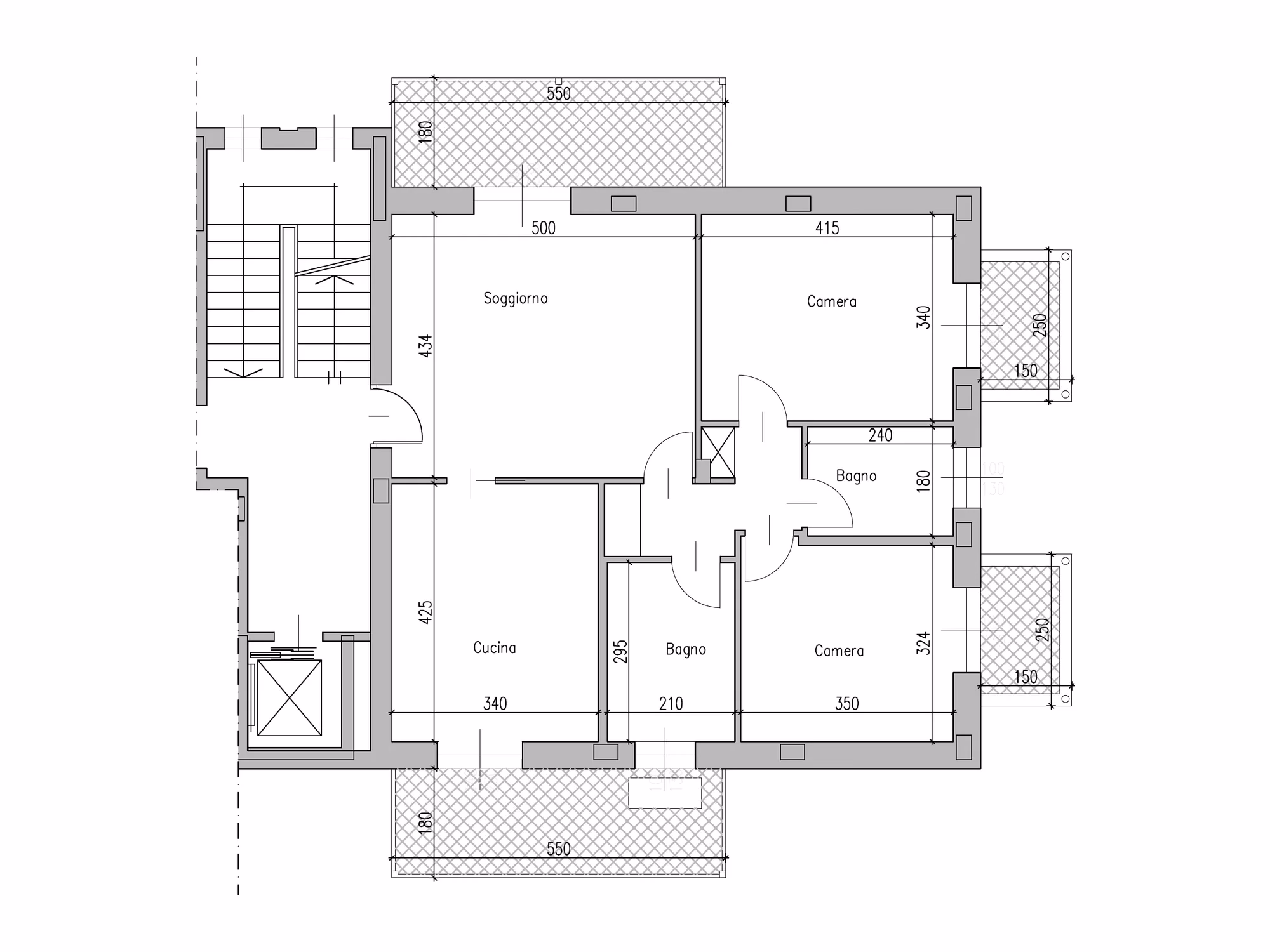 Pianta quotata dell'attico interno 19, in scala 1:100, con le misure delle stanze: 4 locali e 110 m² di superficie commerciale.